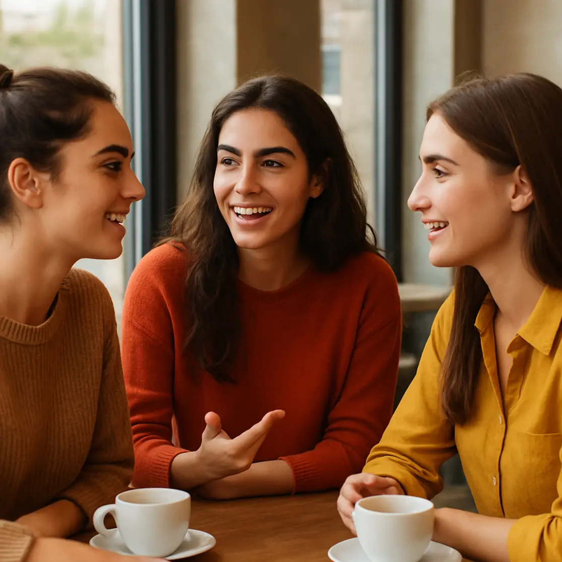 Grupo de mulheres em café mostrando sobrancelhas grossas em perfis e 3/4