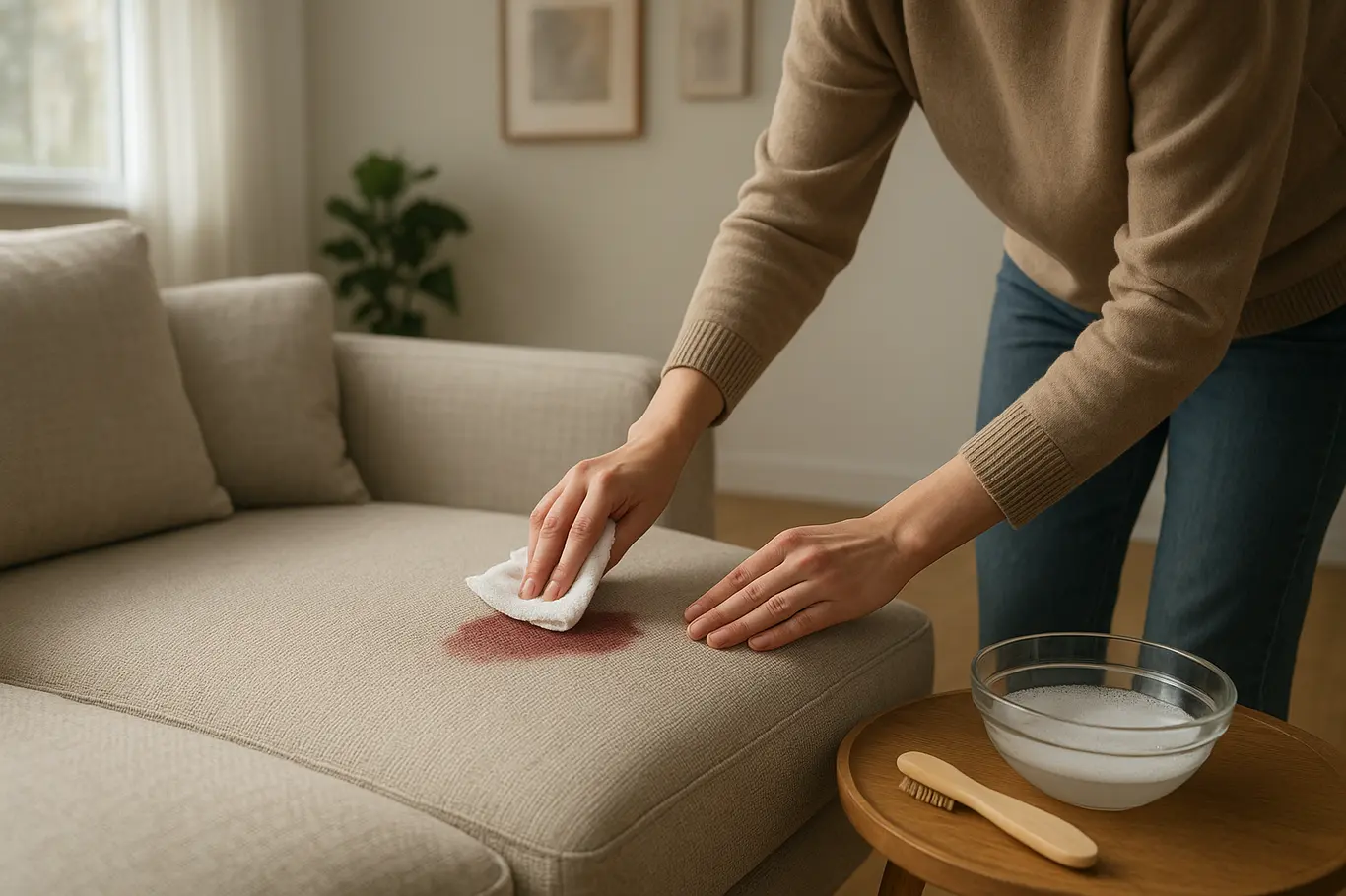 Pessoa sem rosto limpando mancha recente no sofá de tecido com pano branco