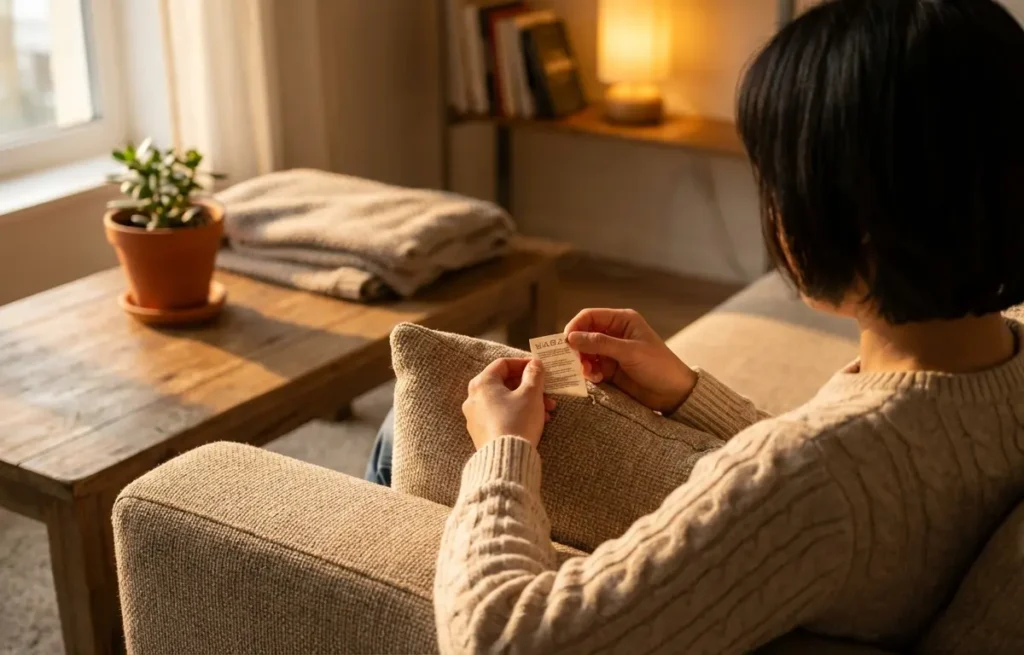 Pessoa segurando etiqueta do sofá de tecido, costas e mãos visíveis