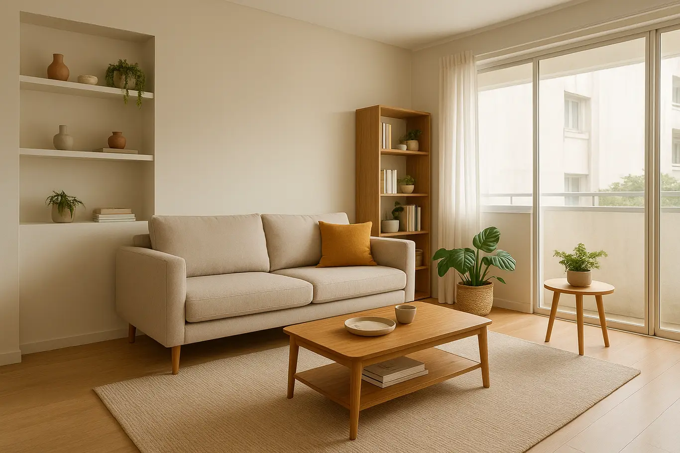 Sala pequena em Brasília com sofá moderno, prateleiras embutidas e mesa de centro compacta