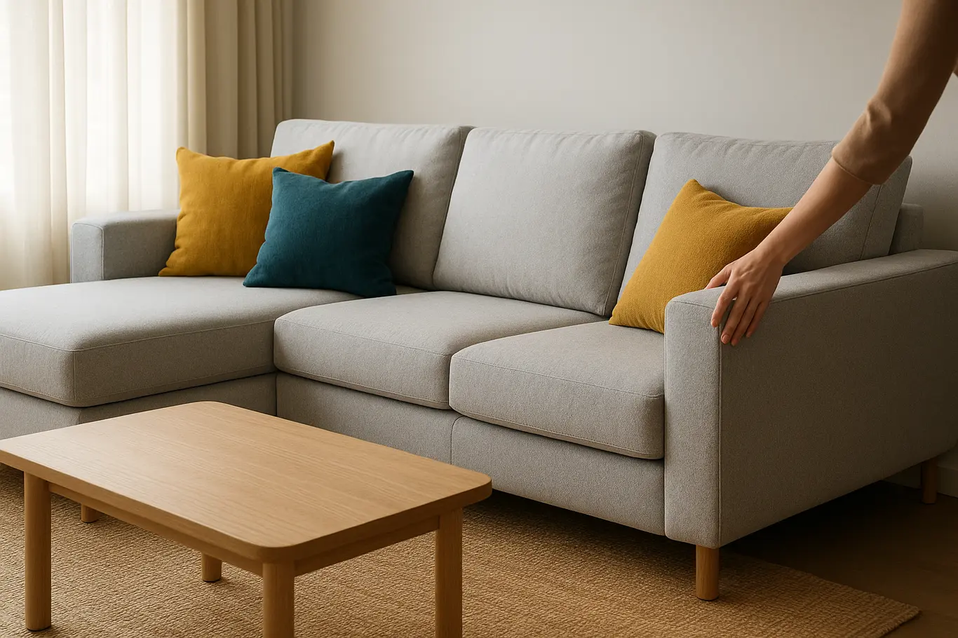 Sofá modular 2026 em L em plano médio, mão em perfil ajustando o encosto, cores neutras com almofadas coloridas