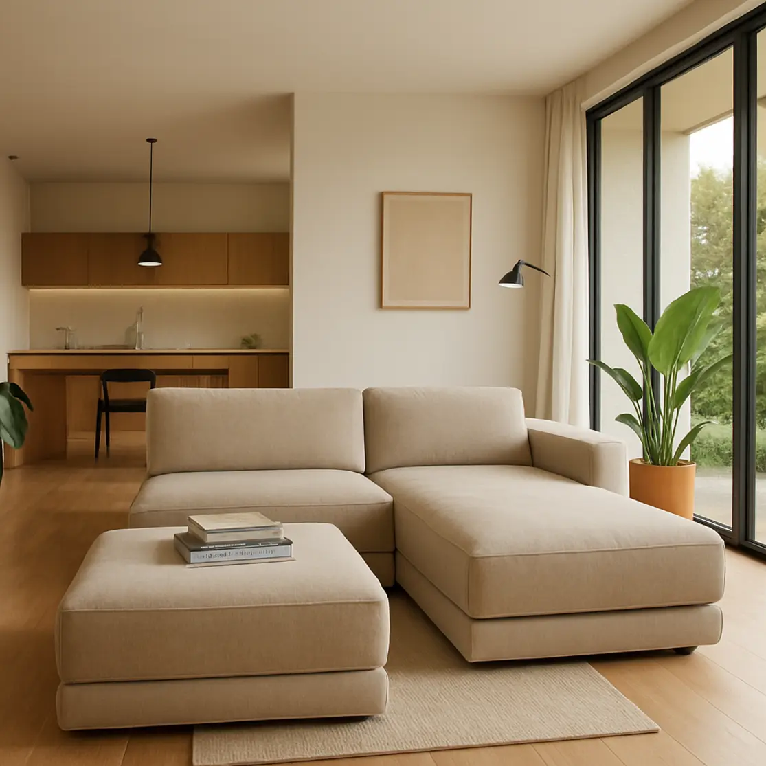 Sala integrada com sofá modular 2026 configurado como chaise dupla e pufe, luz natural e plantas