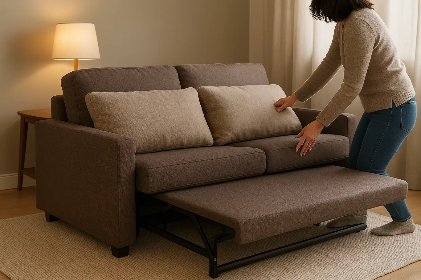 Sofá-cama sendo aberto em sala compacta com pessoa de perfil ajustando almofada