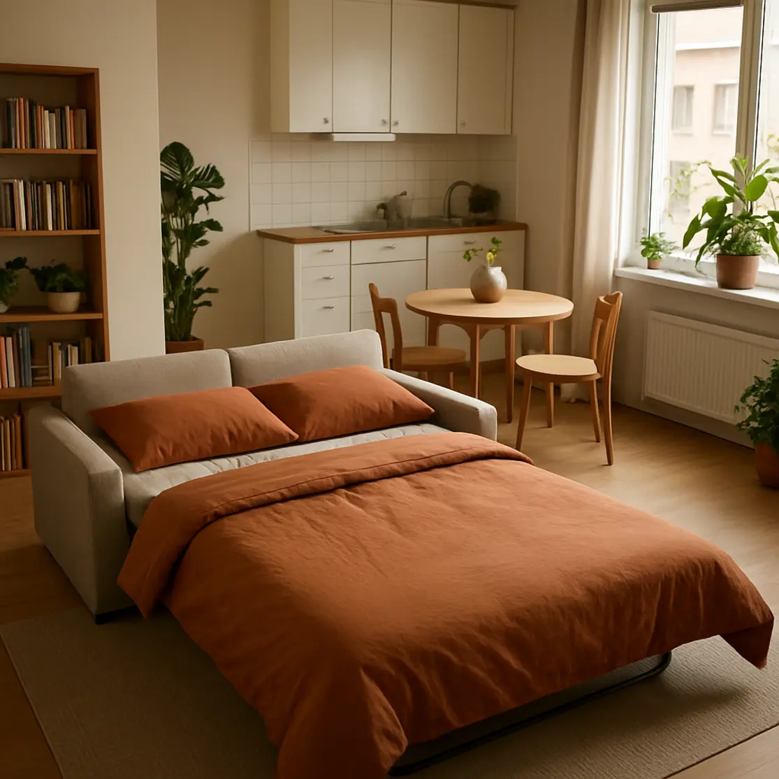 Apartamento compacto com sofá que vira cama desdobrado e ambiente integrado