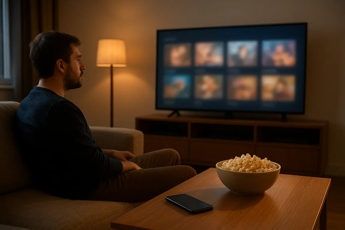 Sala de estar ampla com pessoa em perfil e objetos de consumo de mídia