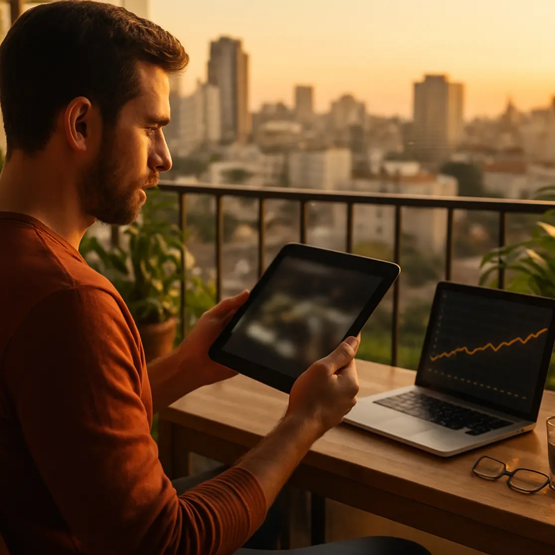 Pessoa em 3/4 na varanda com tablet, vista urbana ao fundo