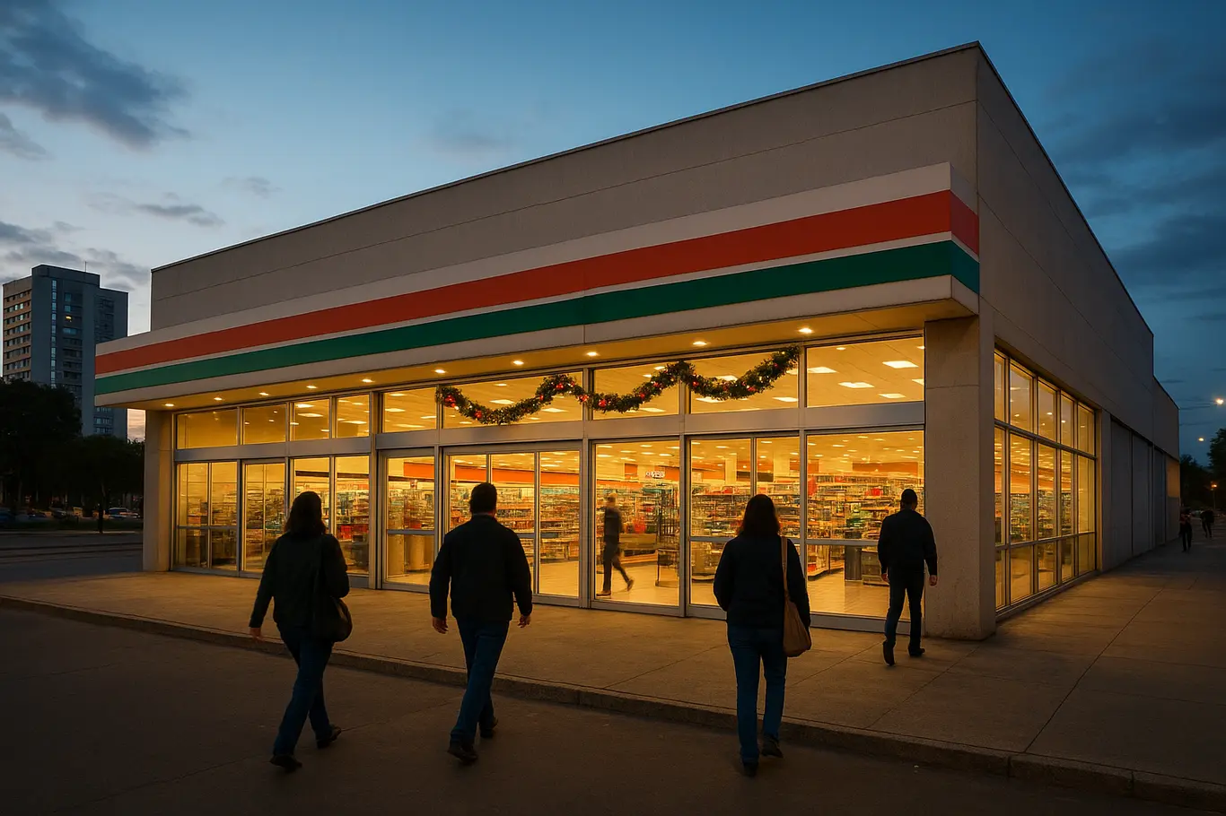 Fachada ampla de supermercado em Brasília ao entardecer com clientes entrando