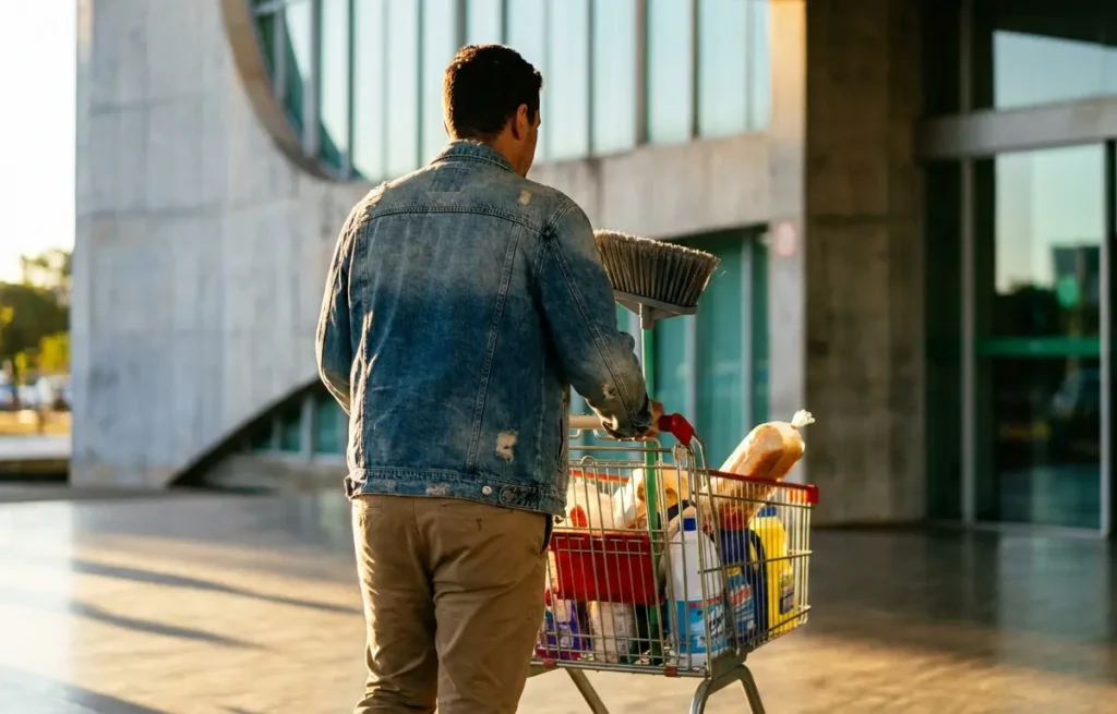 Pessoa de costas empurrando carrinho na entrada de supermercado ao pôr do sol em Brasília