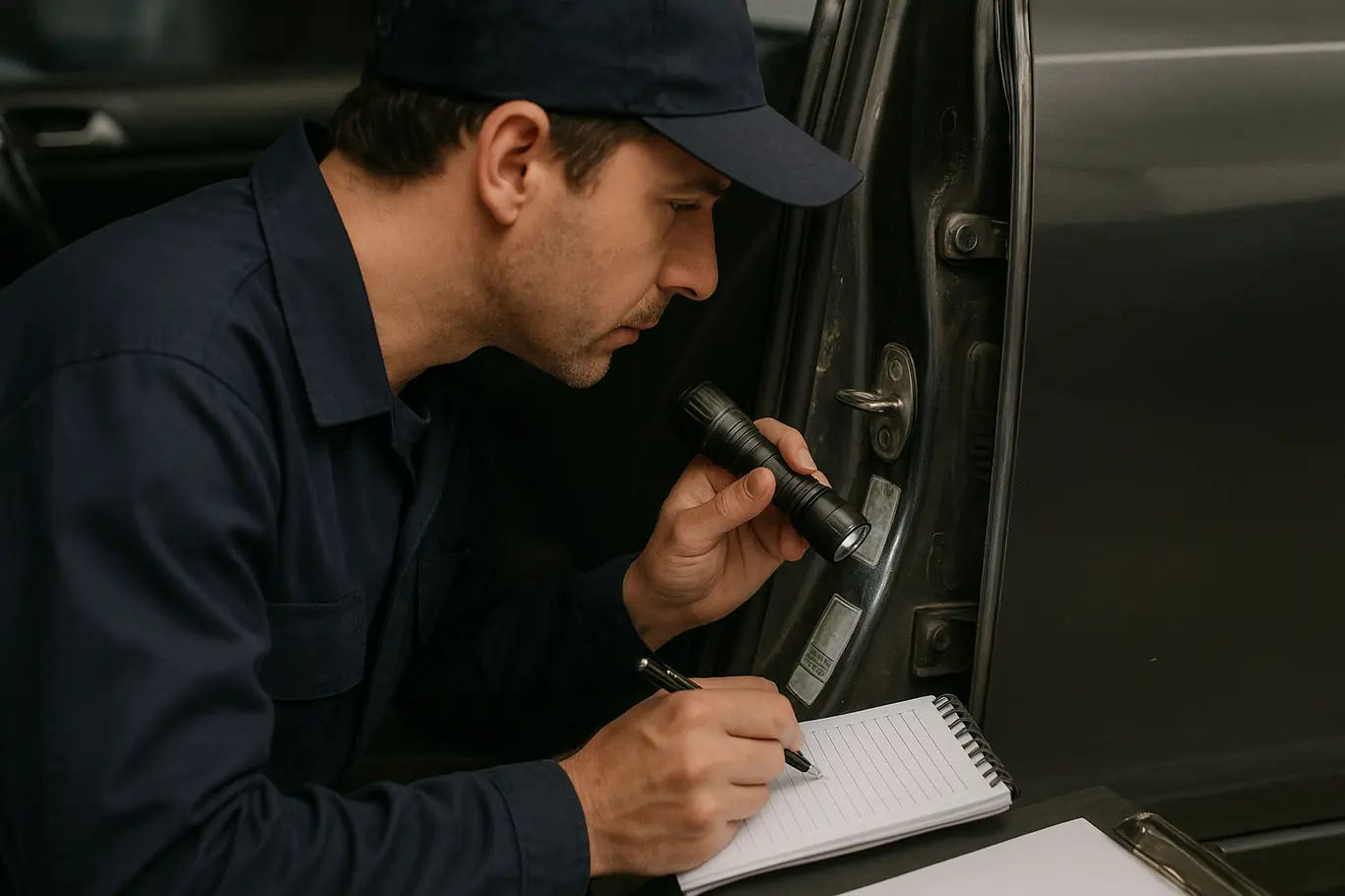 Inspetor em perfil verificando a placa VIN na coluna da porta do carro