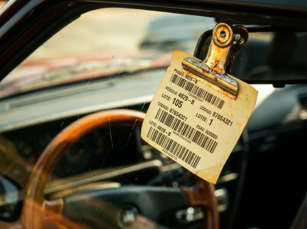 Tag de leilão preso ao retrovisor de um carro em close-up