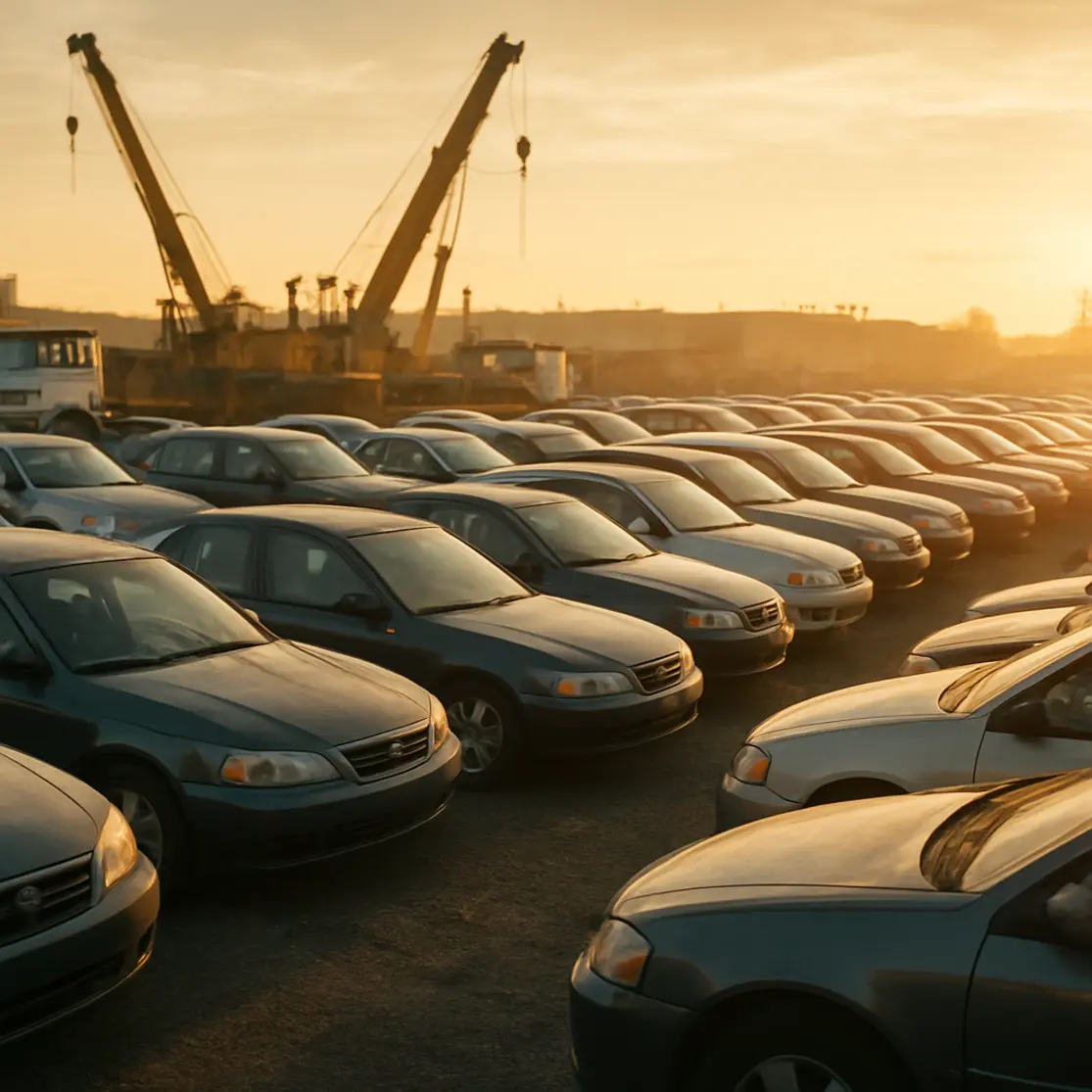 Pátio de leilões com fileiras de carros e etiquetas penduradas nos retrovisores ao amanhecer