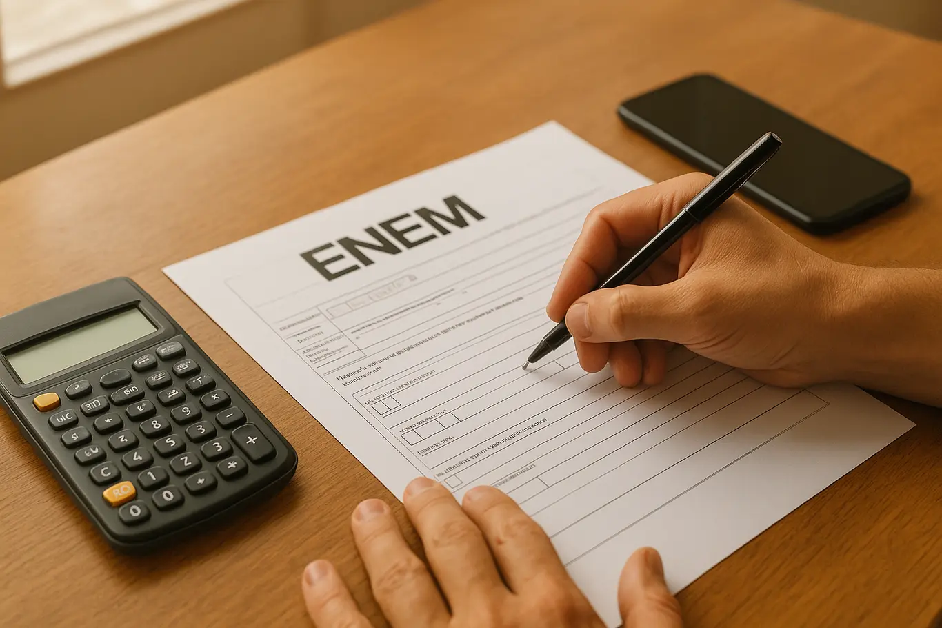 Mãos preenchendo formulário e calculadora sobre mesa com documentos do ENEM