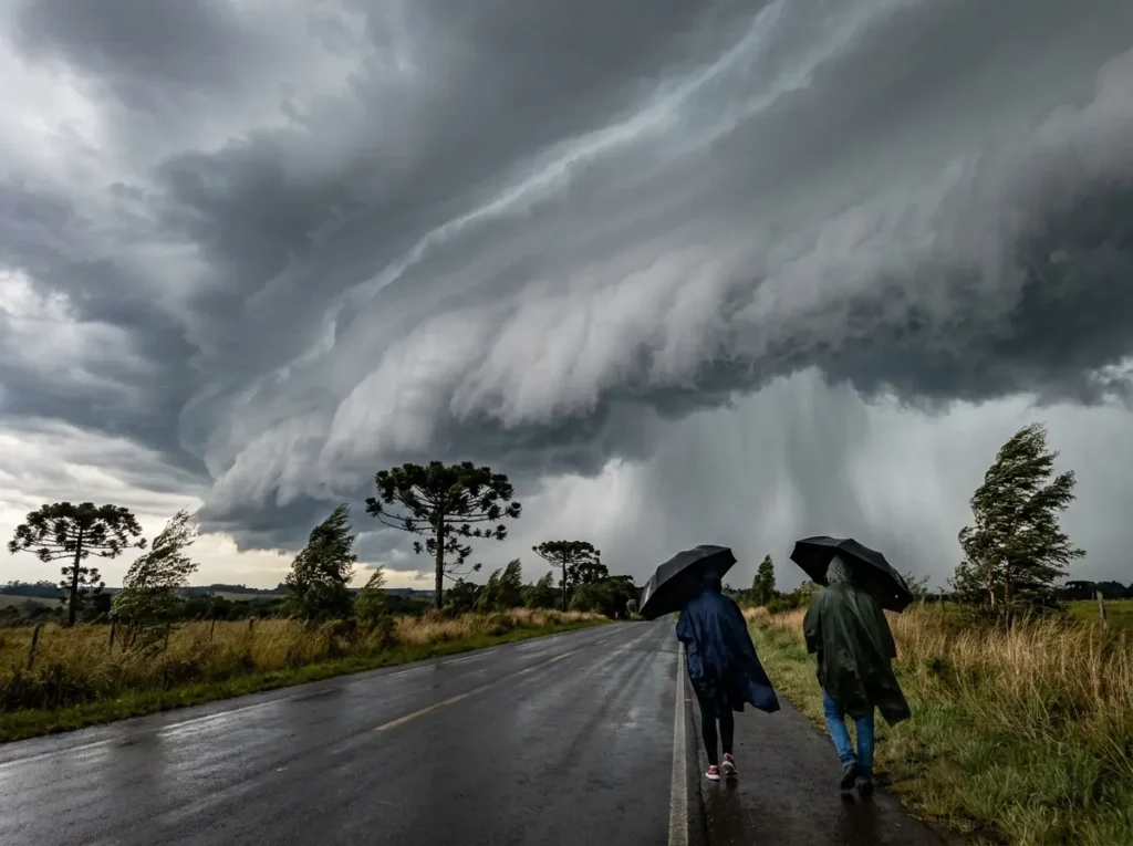 Nuvem de tempestade avançando sobre estrada rural no Sul, árvores inclinadas pelo vento