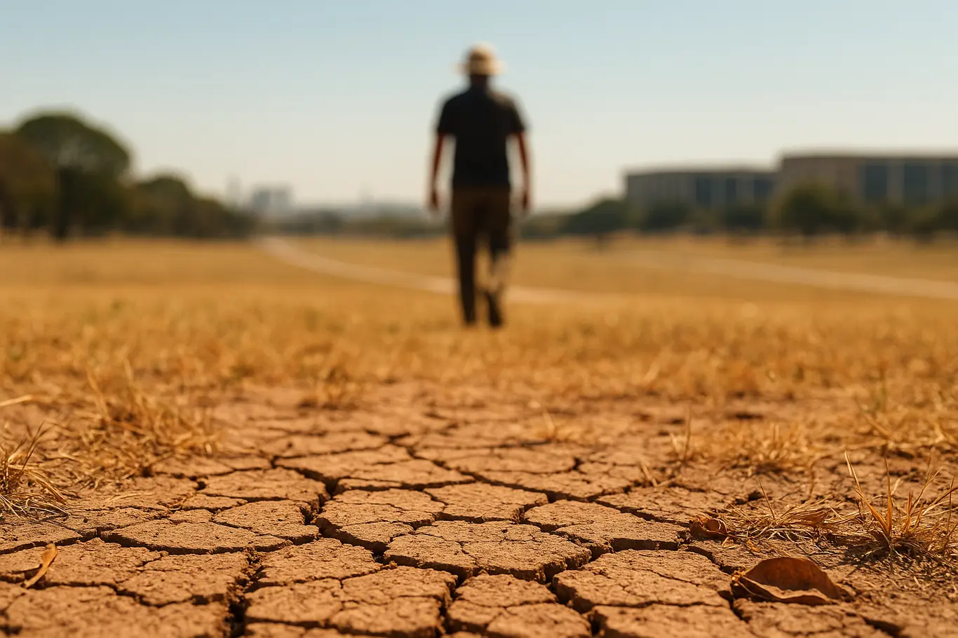 Solo rachado e gramado seco em parque de Brasília, com miragem de calor ao fundo