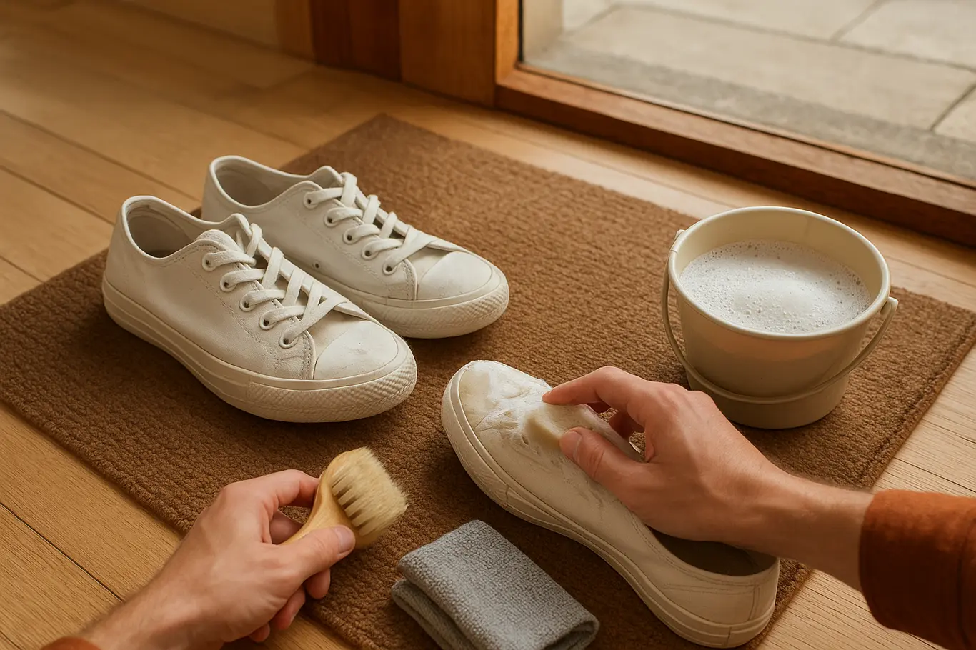 Par de tênis branco no tapete de entrada sendo limpo com escova macia e balde com espuma, mãos visíveis