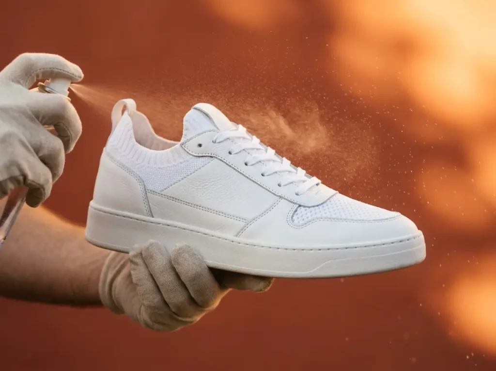 Tênis branco sendo pulverizado com spray protetor por mãos com luvas contra fundo terracota quente