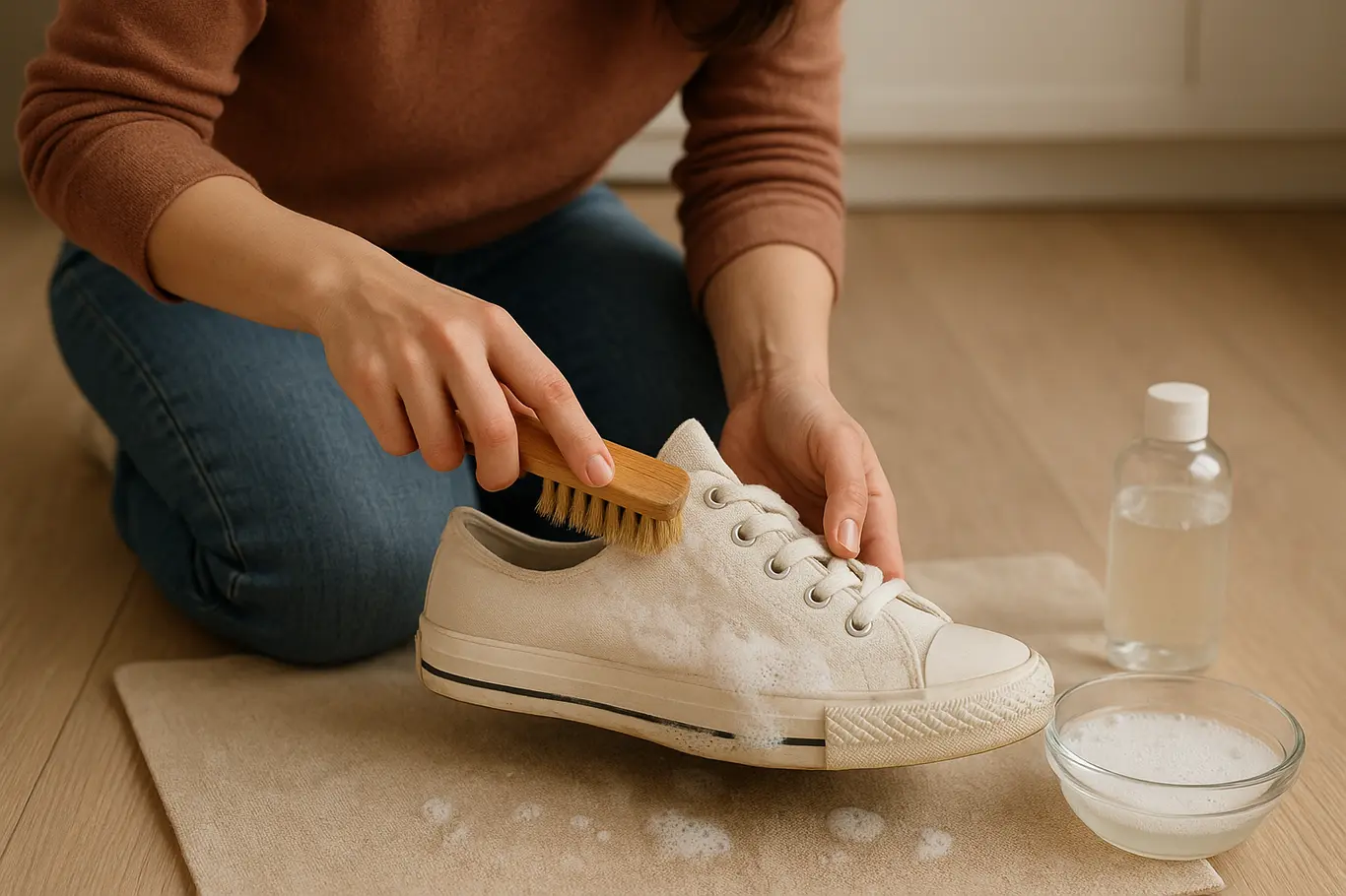 Pessoa em perfil 3/4 limpando lateral de tênis branco de tecido com escova e tigela com solução