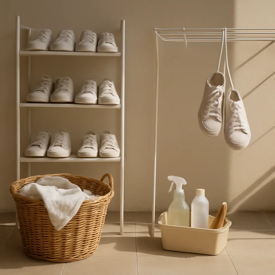 Lavanderia/varanda com tênis branco de tecido secando em prateleira e varal, produtos de limpeza organizados