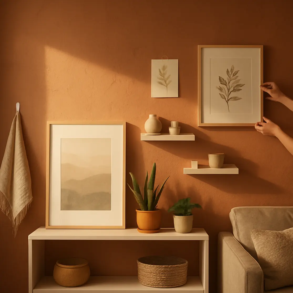 Sala completa com parede de destaque texturizada e decoração sem furos (quadros apoiados, prateleiras adesivas)