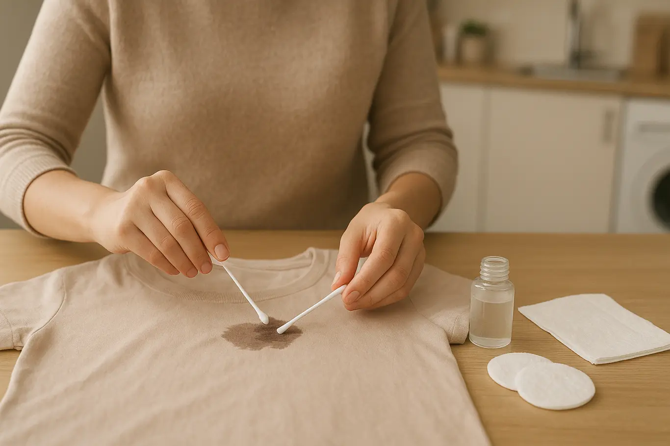 Pessoa em 3/4 tratando mancha de esmalte na mesa com cotonete, removedor e algodão.