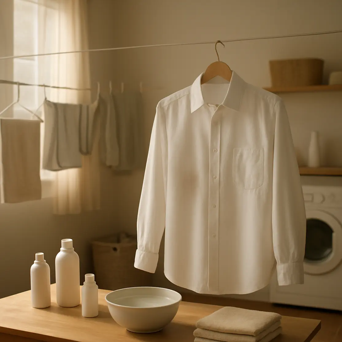 Lavanderia iluminada com camisa pendurada após tratamento de mancha, cesta de roupas e frascos sobre mesa.