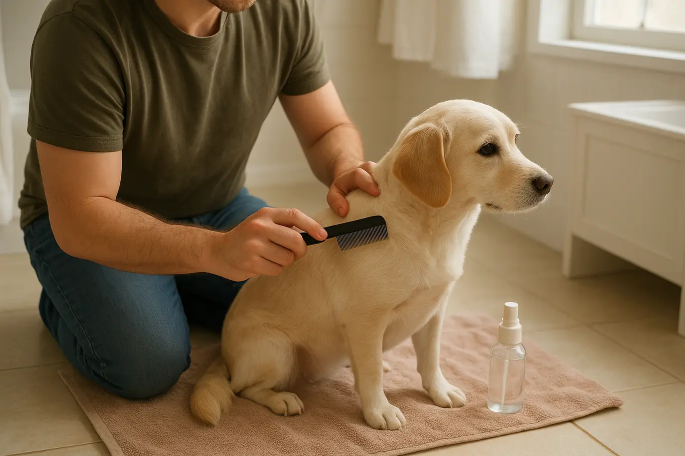 Tutor em perfil parcial penteando cachorro sobre toalha em mesa de banho, frasco genérico e ferramentas ao lado.