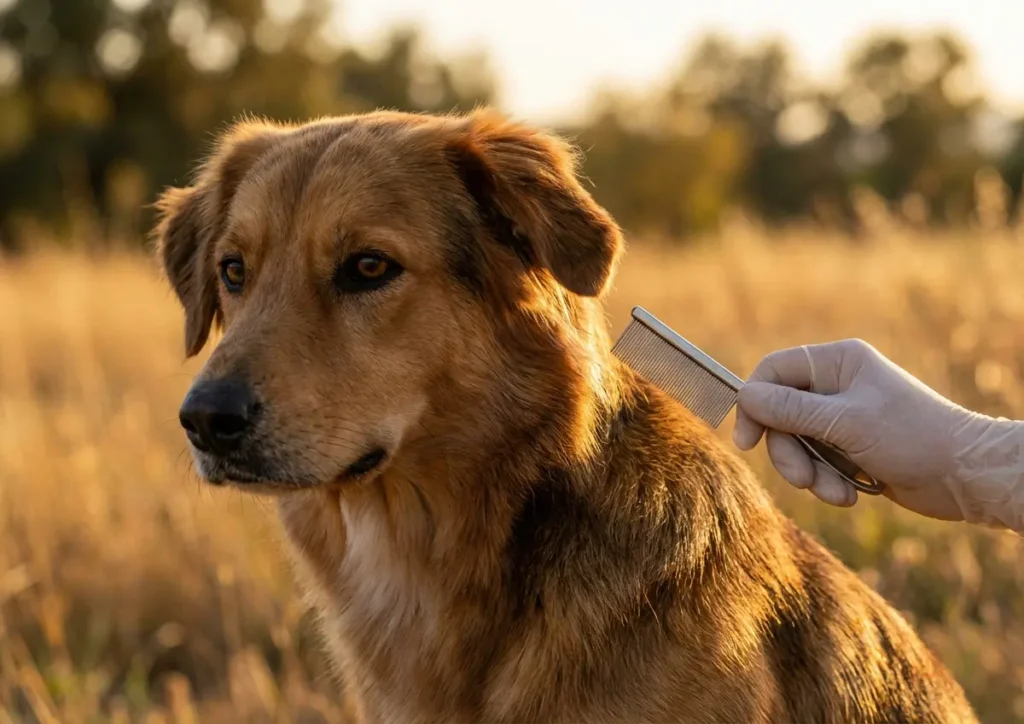 Close-up de cachorro em três-quartos com pente antipulgas próximo à raiz do pelo, mão com luva visível, fundo desfocado quente.