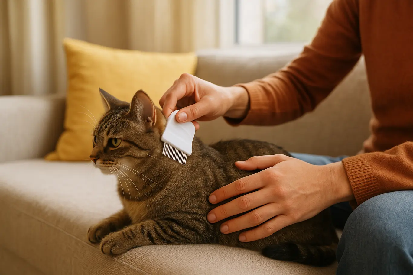 Cena média de dono penteando gato no sofá, foco no gesto
