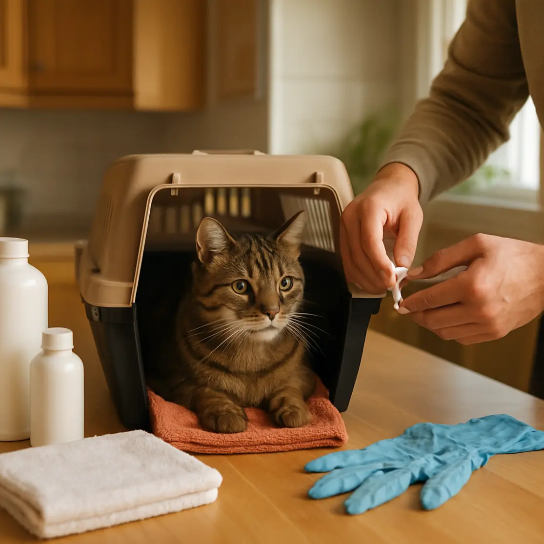 Ambiente doméstico com produtos genéricos, transportador e gato, dono preparando tratamento