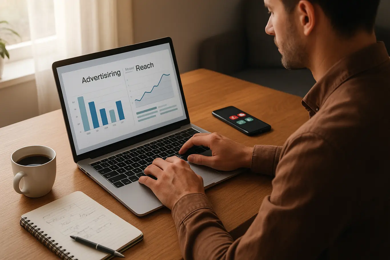 Profissional ao computador com painel de anúncios e caderno