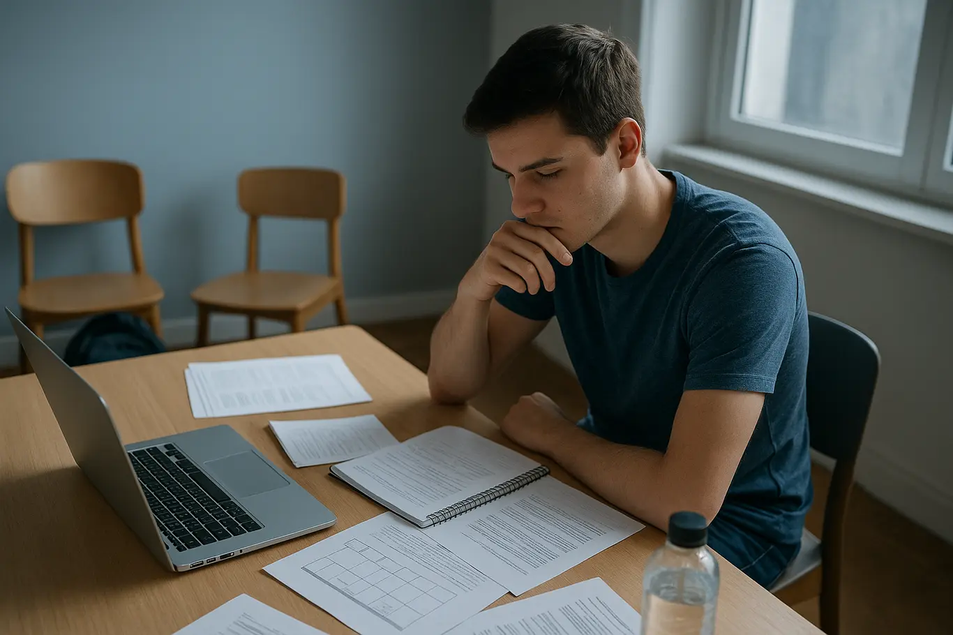Visão ampla do estudante estudando em mesa com laptop e materiais espalhados