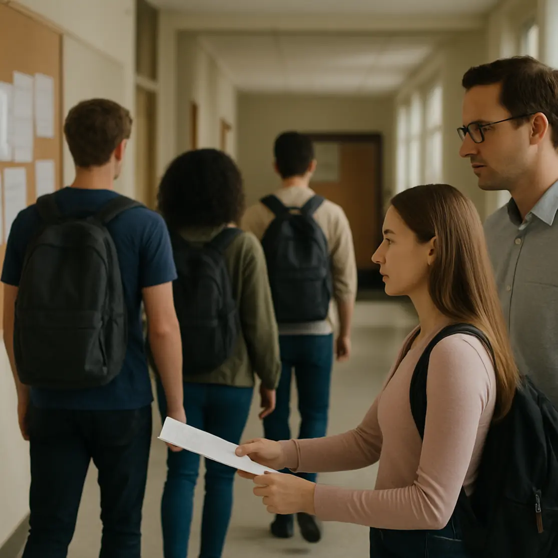 Corredor escolar com estudantes de costas e um formulário sendo entregue