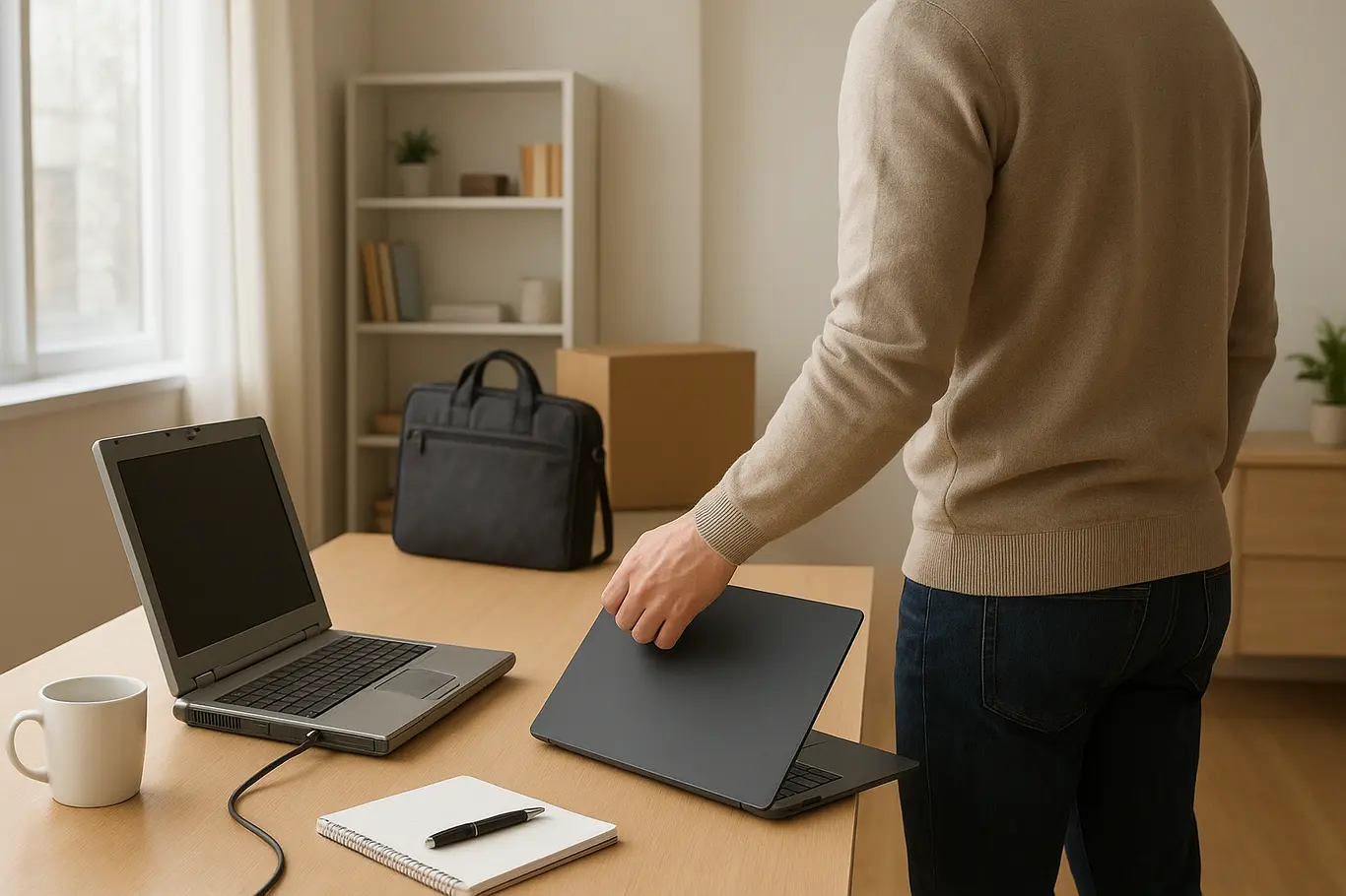 Vista lateral de escritório doméstico com notebook antigo sendo desconectado e novo aparelho sendo posicionado, usuário de costas