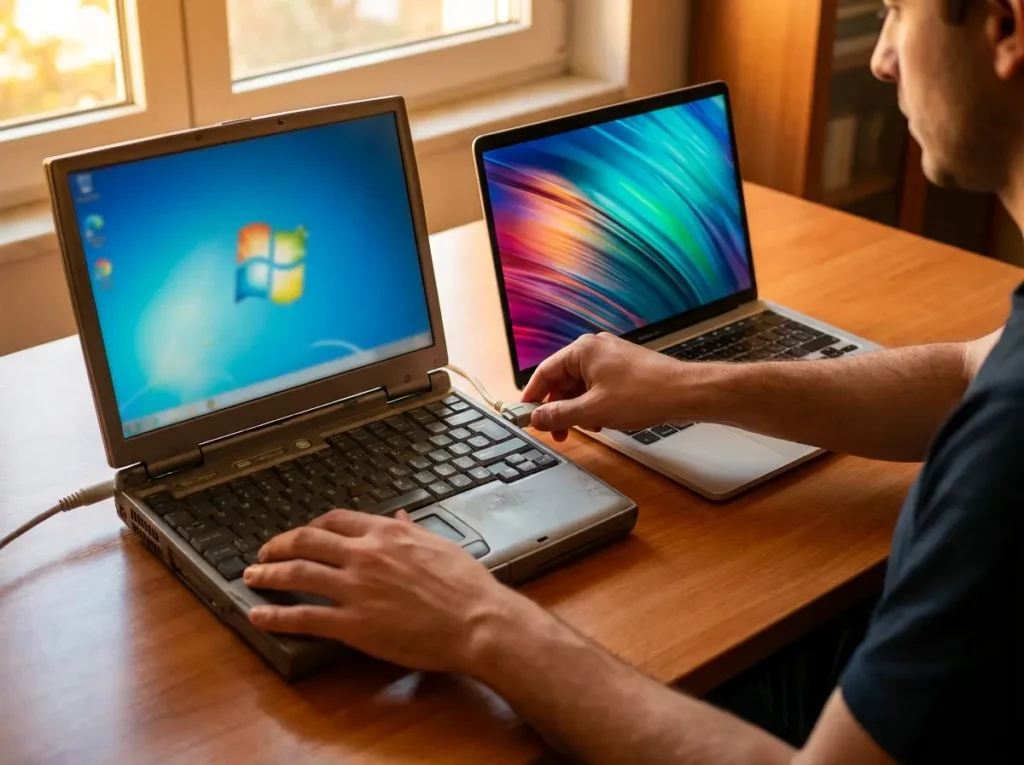 Perfil 3/4 de pessoa trocando notebook antigo que rodava Windows por um modelo novo sobre mesa, mãos em foco