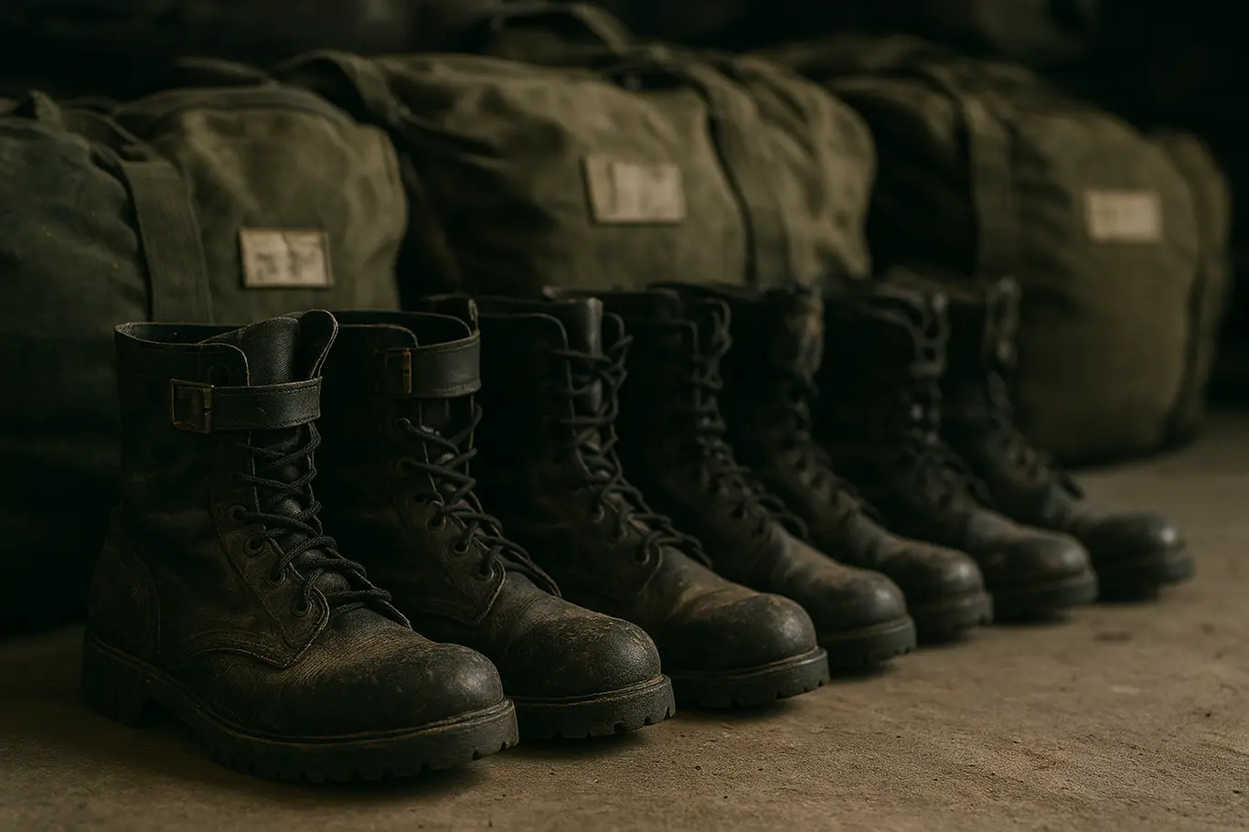 Detalhe de botas militares e sacos de viagem alinhados em hangar, indicativo de movimentação logística