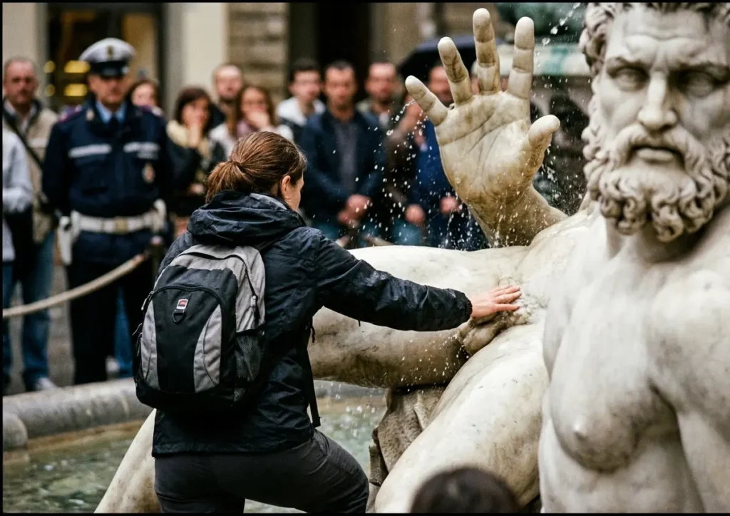 Turista de costas escalando fonte renascentista e tocando estátua de Netuno