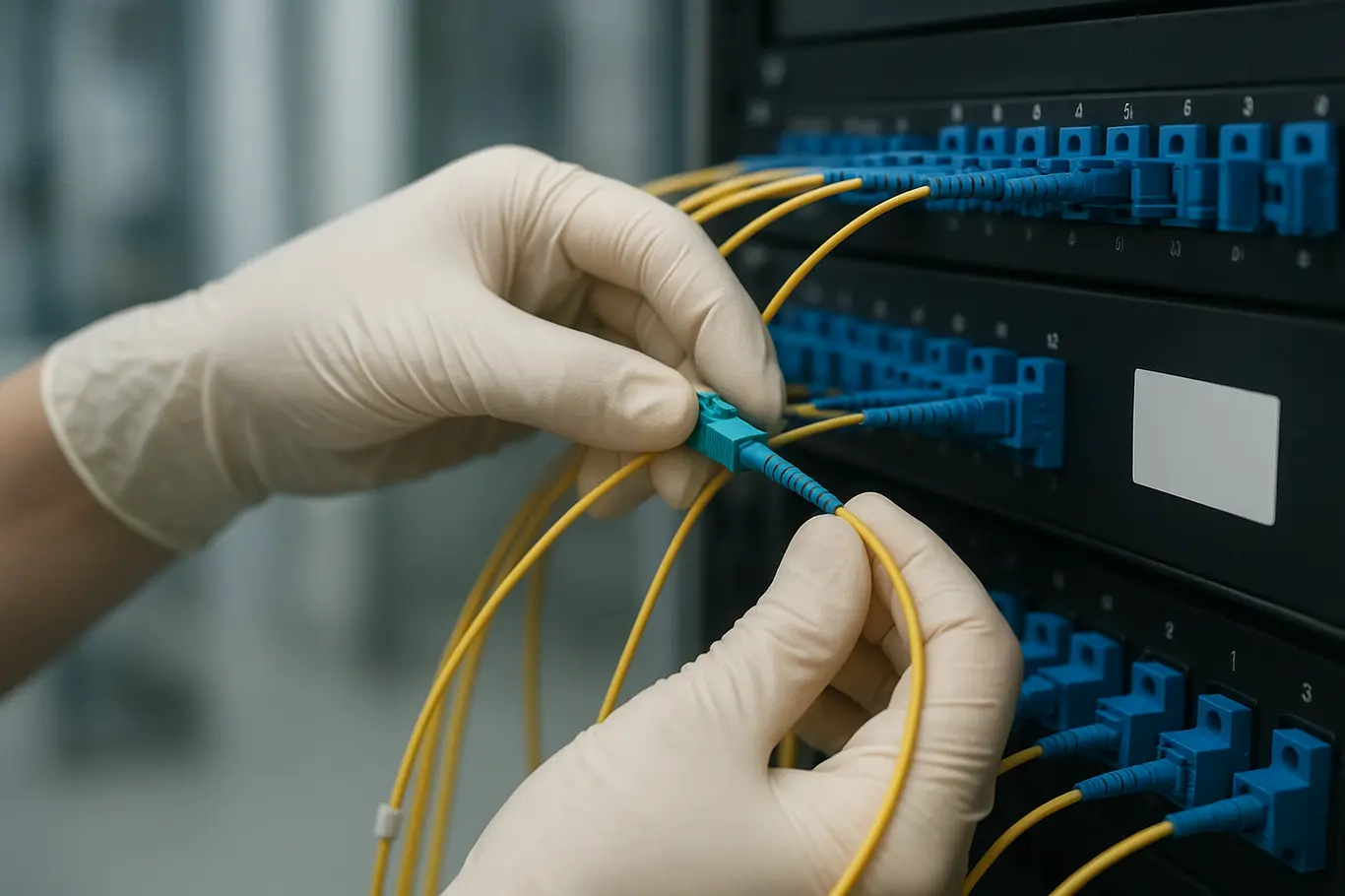 Detalhe de mãos conectando fibra óptica em painel de rede