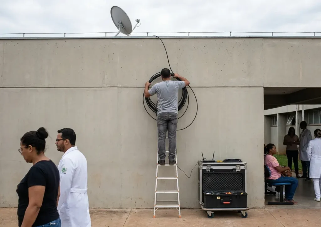 Técnico instala fibra óptica na fachada de uma UBS
