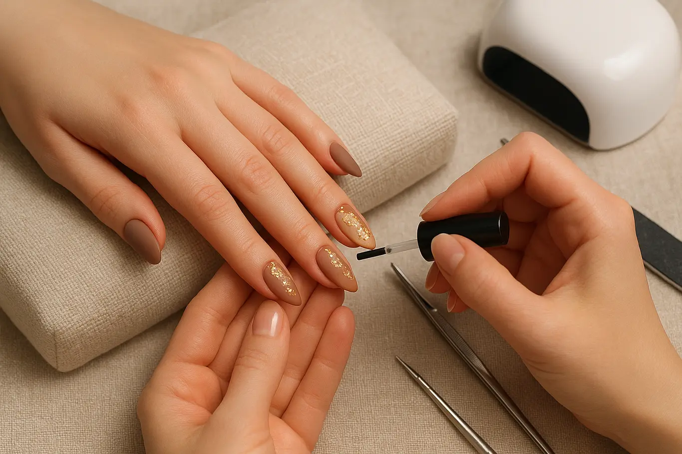 Manicure aplicando top coat em unhas amendoadas decoradas com cristais e foil dourado, mãos em almofada