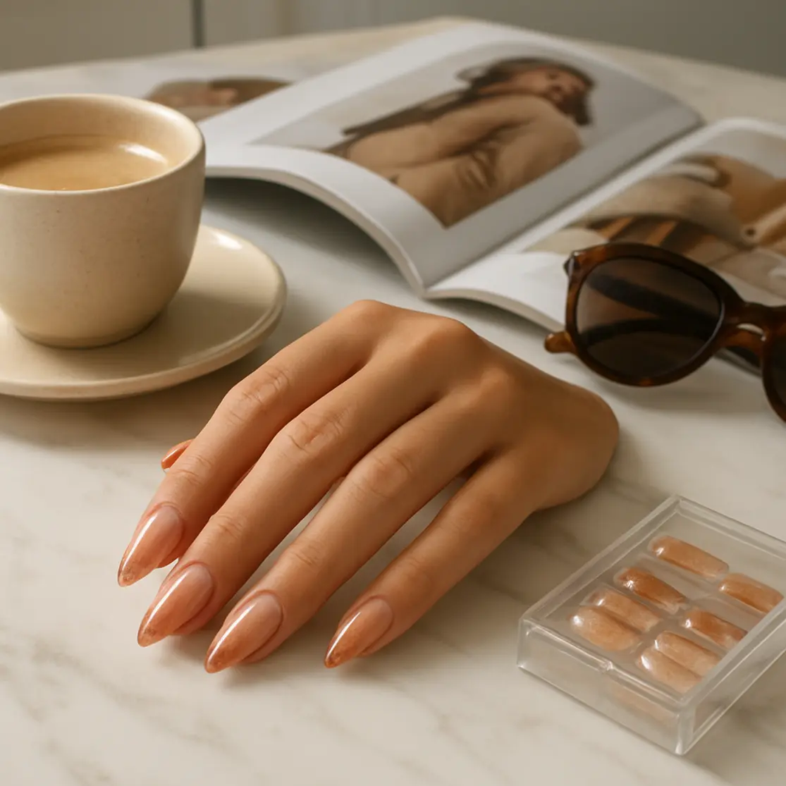 Bancada com unhas amendoadas decoradas sobre mármore, xícara de café, revista e óculos de sol