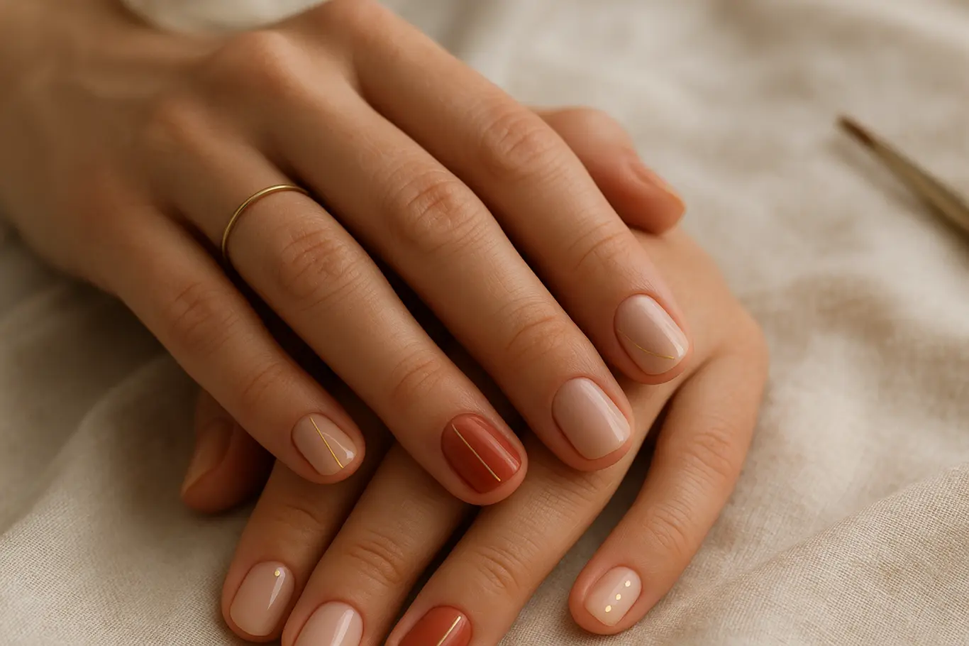Duas mãos com unhas curtas e nail art variadas em ângulo 45 graus