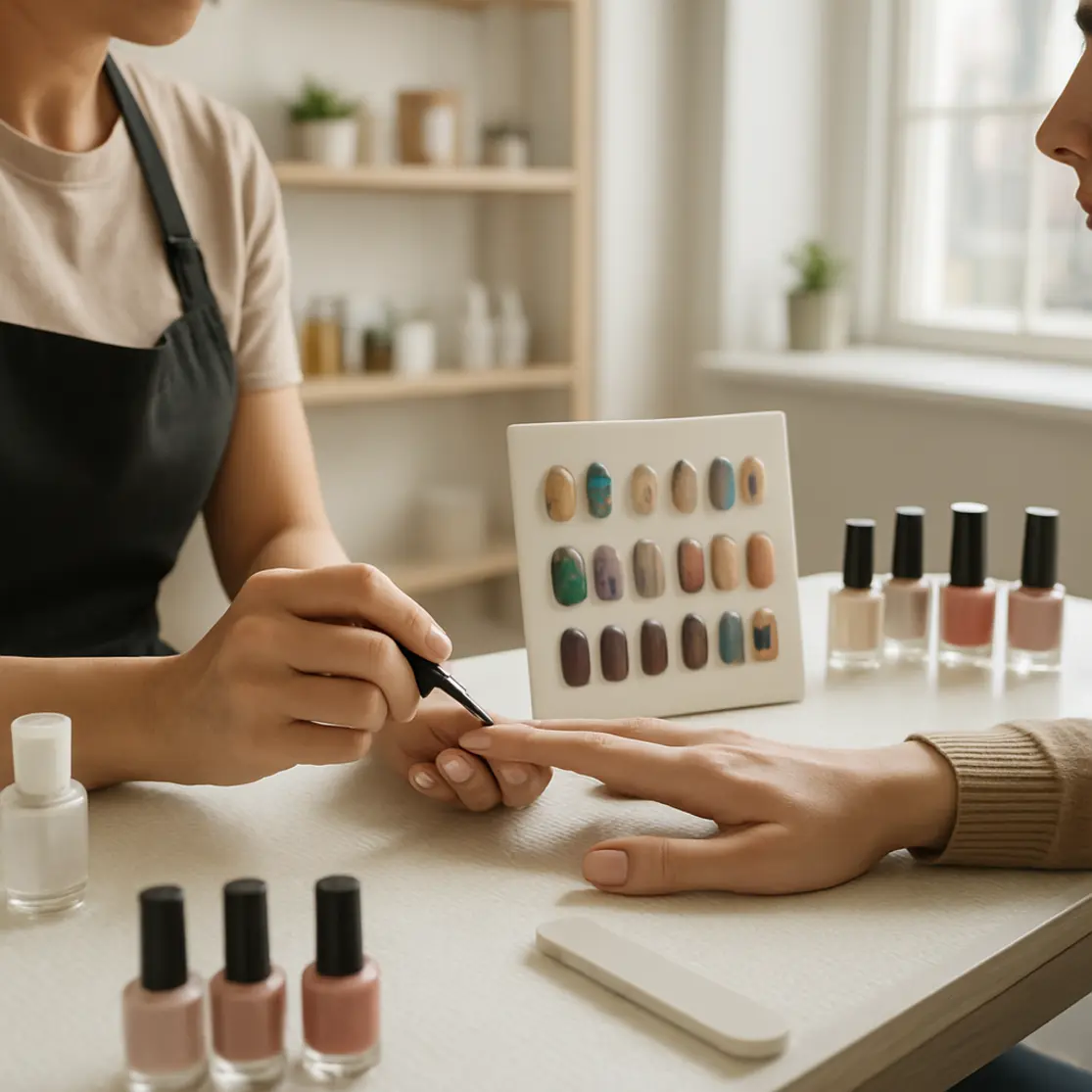 Estúdio de manicure com mostruário de 12 ideias de unhas decoradas em 2026 e técnico trabalhando
