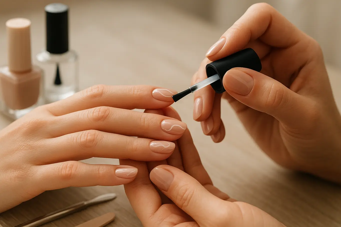 Duas mãos durante aplicação de top coat em unhas decoradas nude 2026, vista em plano médio com ferramentas de manicure ao fundo.