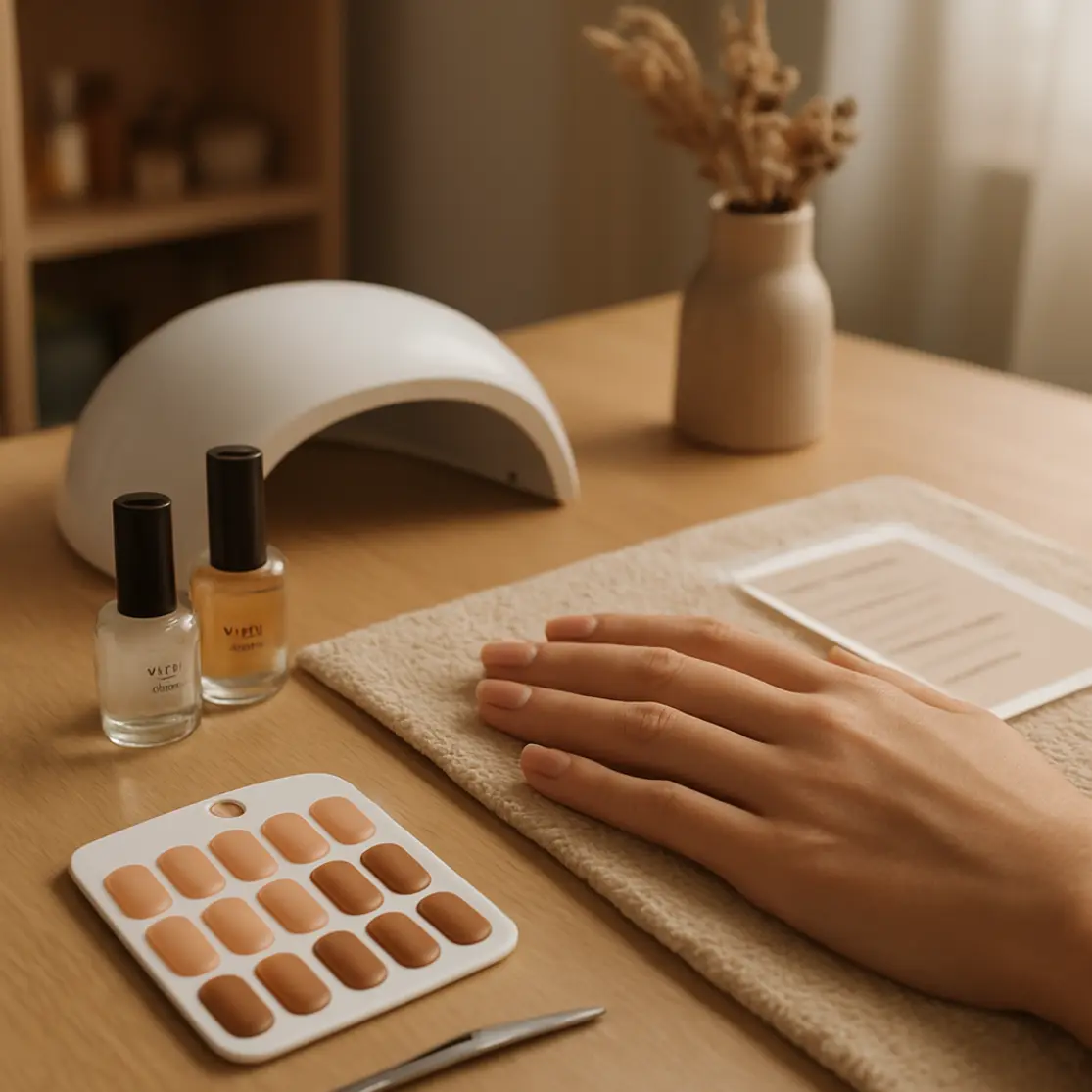 Ambiente de manicure com bancada e kit de cuidados, mão com unhas decoradas nude 2026 apoiada sobre toalha, vista ampla.