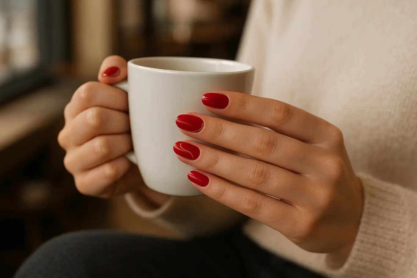 Duas mãos femininas segurando uma xícara, mostrando unhas vermelhas delicadas com detalhes minimalistas