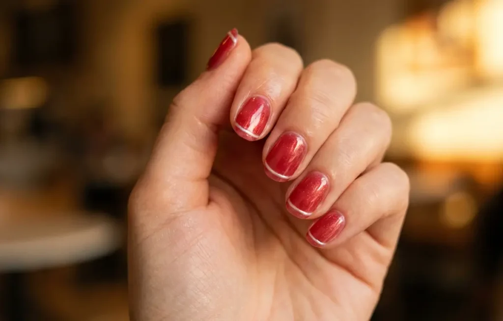 Close-up de mão feminina com unhas vermelhas delicadas e detalhe perolado nas pontas, fundo quente desfocado