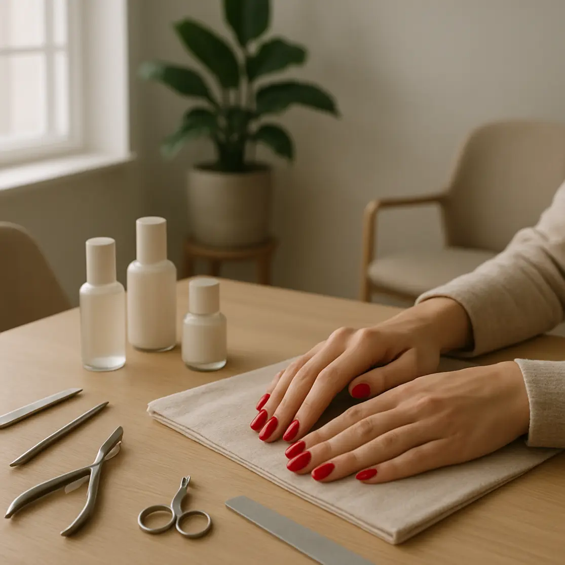 Estúdio de manicure minimalista com mãos e unhas vermelhas delicadas sobre mesa de madeira clara