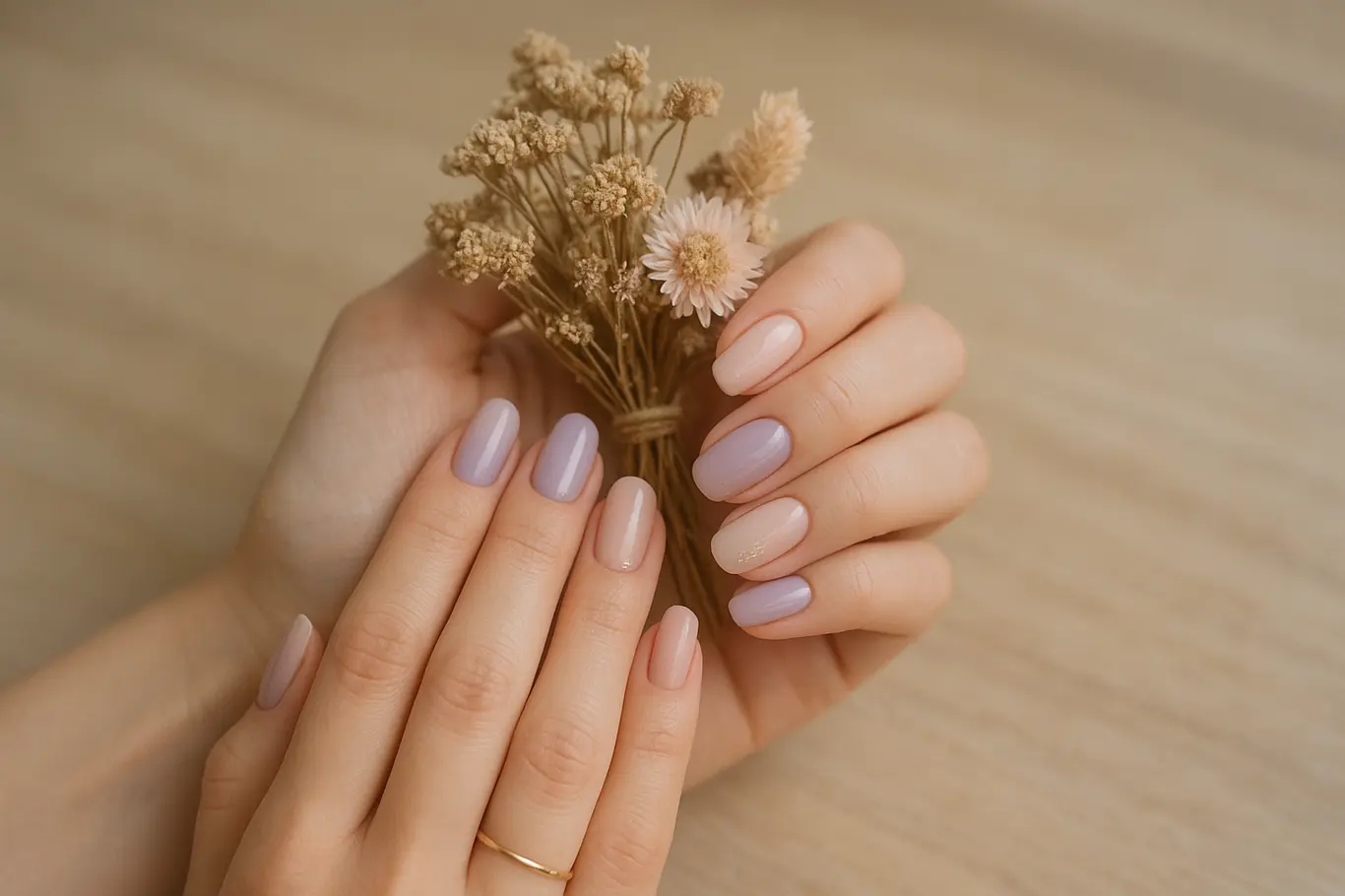 Duas mãos segurando buquê de flores secas, mostrando unhas de gel delicadas em tons suaves