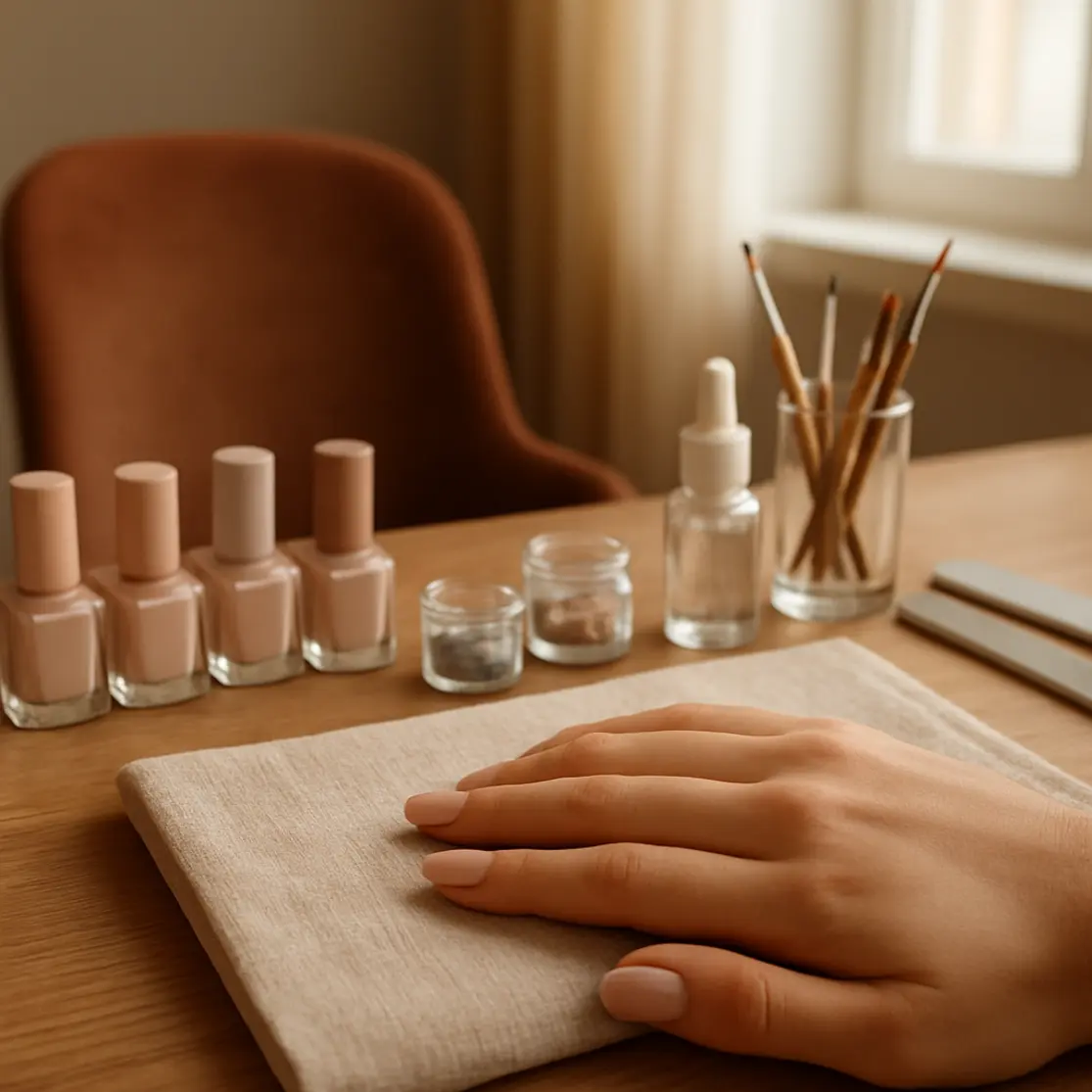 Bancada de salão com esmaltes suaves e uma mão apoiada mostrando unhas de gel minimalistas