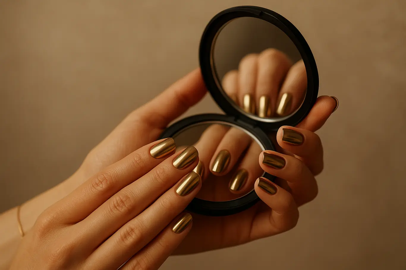 Mãos segurando espelhinho que reflete unhas espelhadas cromadas